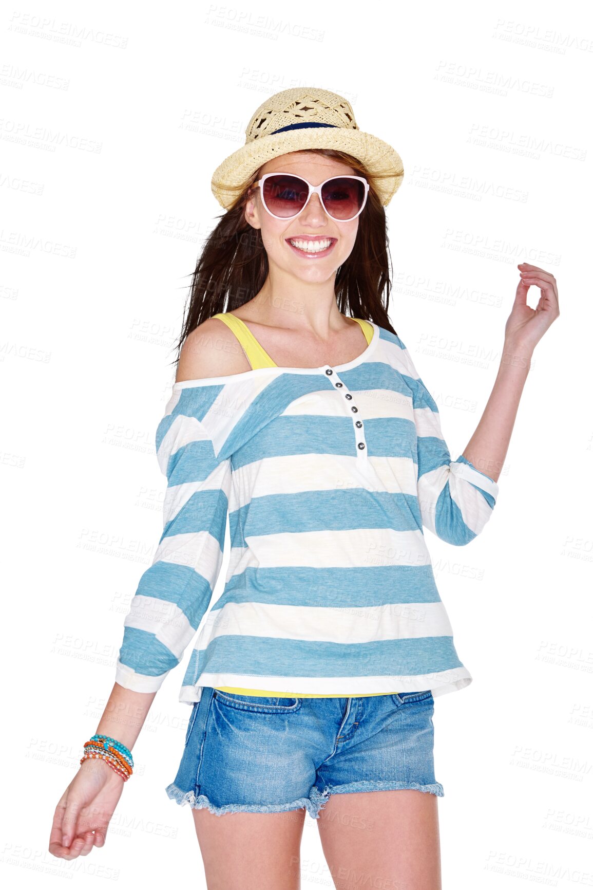 Buy stock photo Summer, fashion and woman with sunglasses smile on isolated, png and transparent background. Happy, accessories and confident female person with sun hat in trendy outfit, style and casual clothes