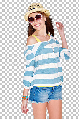 Buy stock photo Isolated woman, sunglasses and straw hat with smile for vacation by transparent png background. Confident student girl, excited fashion model or summer beauty for youth or clothes on travel holiday