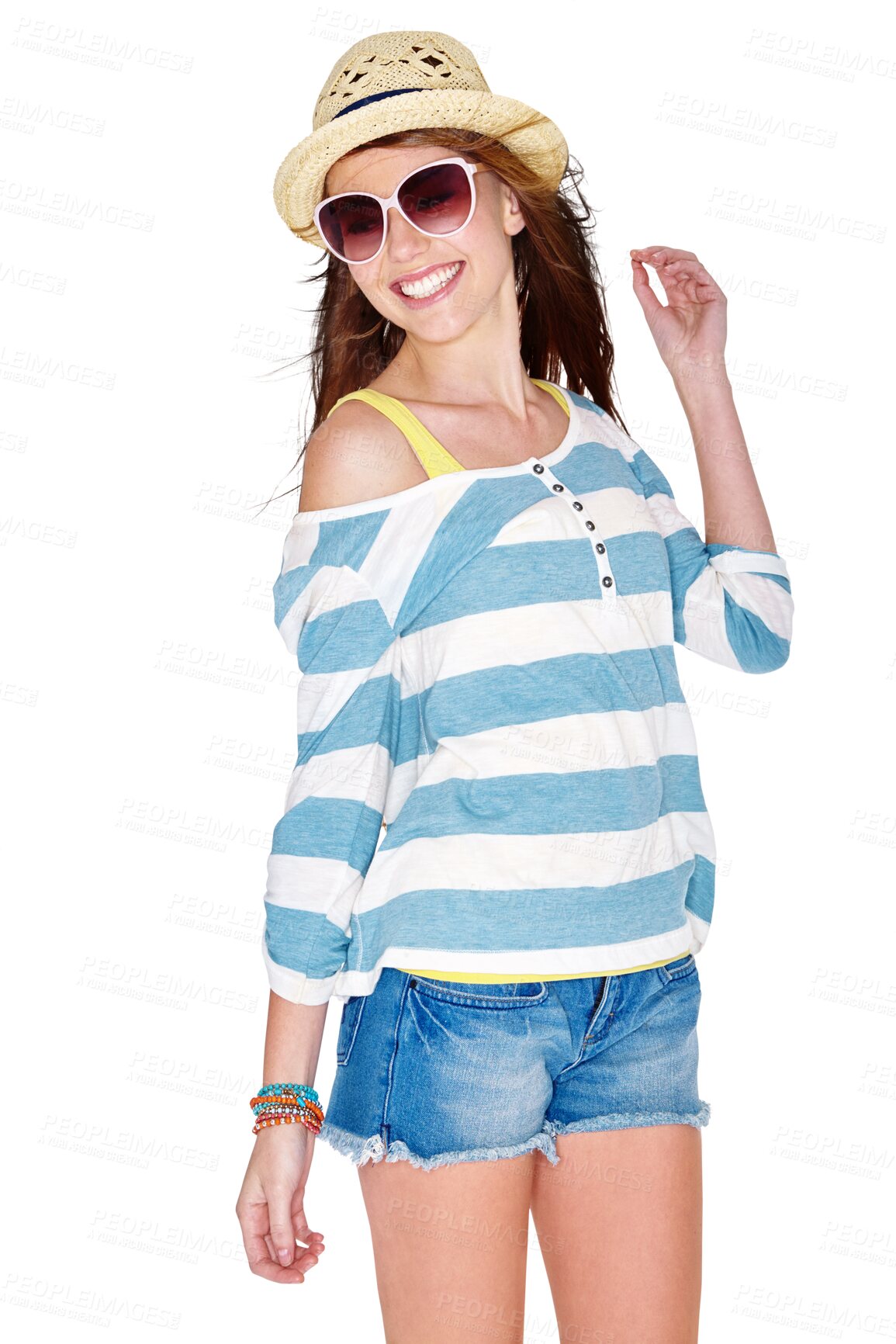 Buy stock photo Isolated woman, sunglasses and straw hat with smile for vacation by transparent png background. Confident student girl, excited fashion model or summer beauty for youth or clothes on travel holiday