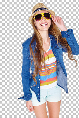 Buy stock photo Fashion sunglasses, casual and smile of a happy woman model with a trendy outfit. Hipster, summer clothes and a young person isolated on a transparent, png background for fun, funny laugh and style 