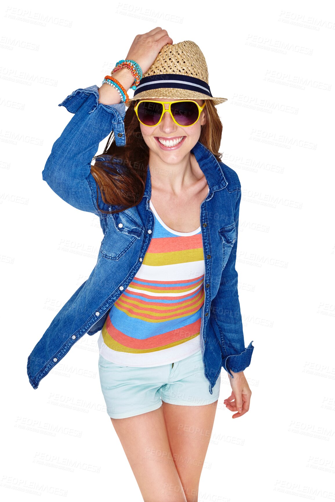 Buy stock photo Isolated woman, sunglasses and hat for fashion, eye care or confident with excited smile by transparent png background. Student girl, model and happy in summer, lens or frame with clothes on vacation