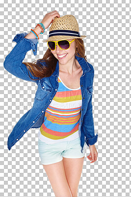 Buy stock photo Isolated woman, sunglasses and hat for summer, holiday and excited smile with style by transparent png background. Student girl, gen z model and happy for vacation, sunshine and clothes with youth