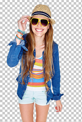 Buy stock photo Fashion, sunglasses and smile of a woman or model with a trendy outfit. Hipster, summer clothes and excited young person isolated on a transparent, png background for fun, happiness and casual style 