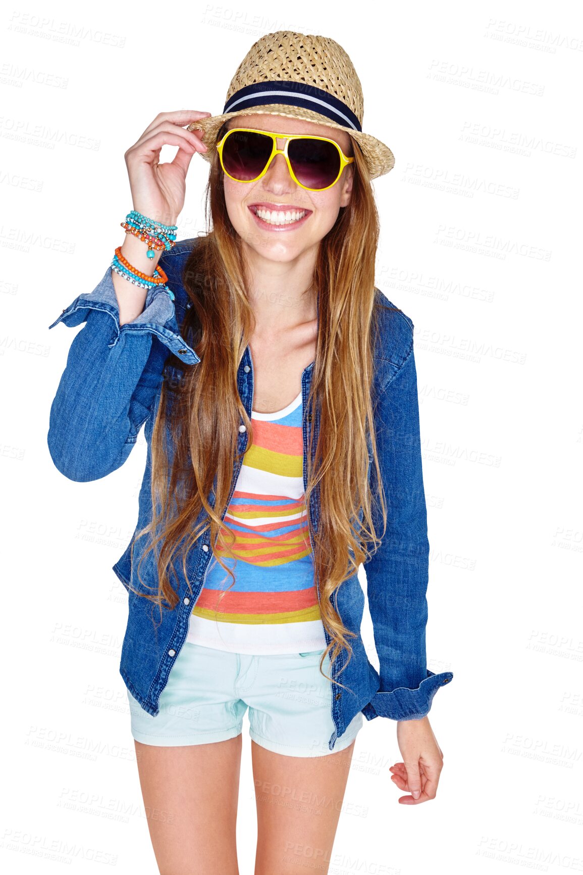 Buy stock photo Fashion, sunglasses and smile of a woman or model with a trendy outfit. Hipster, summer clothes and excited young person isolated on a transparent, png background for fun, happiness and casual style 