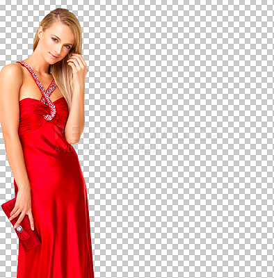 Pretty young woman dressed in red evening gown