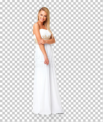 Buy stock photo Fashion, portrait and happy woman in white dress isolated on a transparent png background. Style, smile and confident female model with designer luxury clothes for party, event or prom in Switzerland