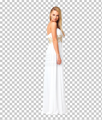 Buy stock photo Portrait, wedding and fashion with a model woman in a dress isolated on a transparent background. Beauty, luxury style or glamour with an elegant young female bride in a classy event outfit on PNG