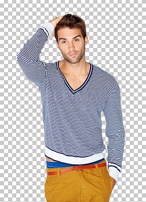 Buy stock photo Isolated young man, portrait and fashion with hand, hair or confidence for casual style by transparent png background. Student guy, model and trendy clothes for hipster aesthetic, youth or attractive