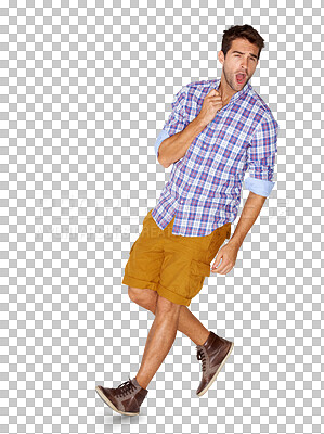 Buy stock photo Handsome, celebrate and young man in a casual, trendy and stylish outfit with winning success. Shout, fist pump and attractive male model with cool fashion isolated by a transparent png background.