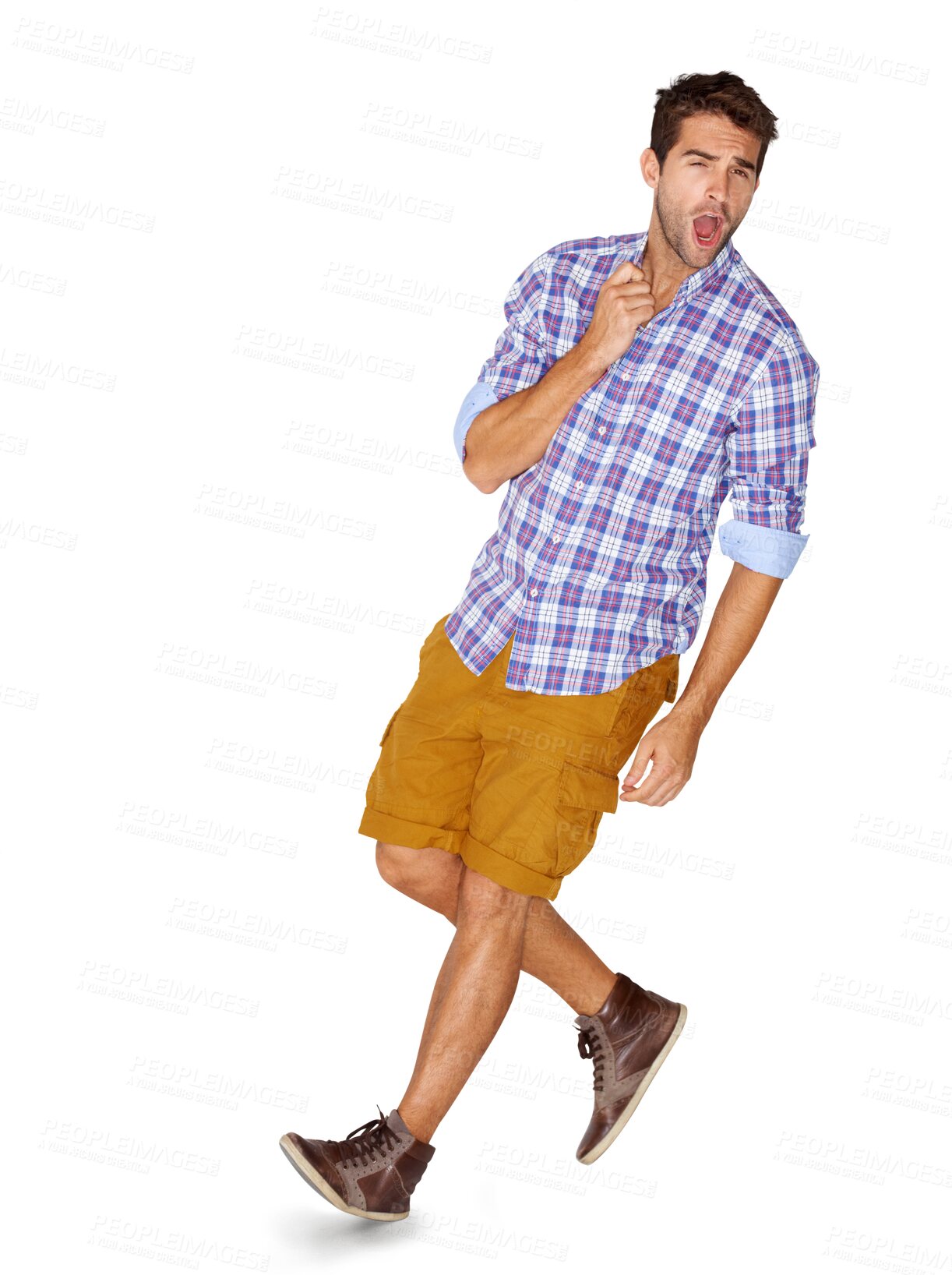 Buy stock photo Handsome, celebrate and young man in a casual, trendy and stylish outfit with winning success. Shout, fist pump and attractive male model with cool fashion isolated by a transparent png background.