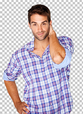 Buy stock photo Confident, smile and portrait of a man with pride, handsome or casual fashion to relax on isolated, transparent or png background. Happy, guy from Brazil and face with calm pose or cool plaid shirt