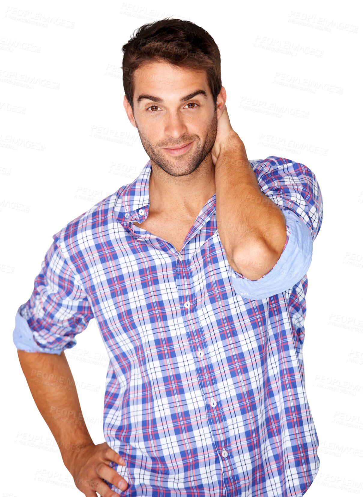 Buy stock photo Confident, smile and portrait of a man with pride, handsome or casual fashion to relax on isolated, transparent or png background. Happy, guy from Brazil and face with calm pose or cool plaid shirt