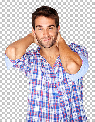 Buy stock photo Portrait with confident, sexy smile and man with pride, happiness or casual fashion to relax on isolated, transparent or png background. Happy, guy and face with calm or cool pose in plaid shirt