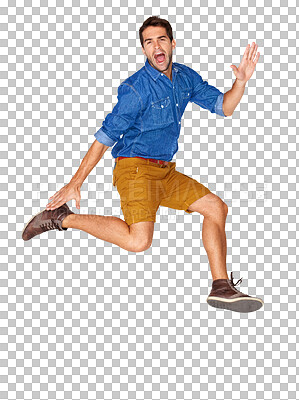 Excited, jumping and young man in a casual, trendy and stylish outfit with winning success. Happy, energy and handsome male model winner with cool fashion isolated by a transparent png background.