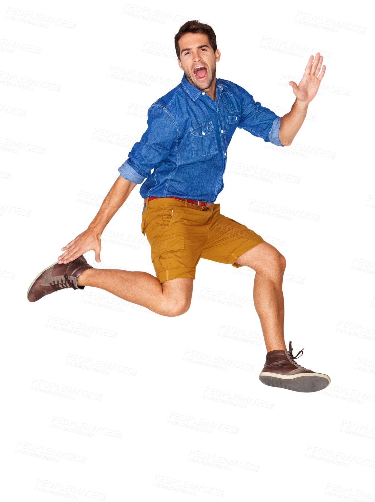 Buy stock photo Excited, jumping and young man in a casual, trendy and stylish outfit with winning success. Happy, energy and handsome male model winner with cool fashion isolated by a transparent png background.