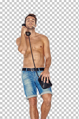 Buy stock photo Portrait, telephone and cigarette with a shirtless man isolated on a transparent background smoking nicotine. Communication, addiction and smoke with a topless male model on PNG for conversation