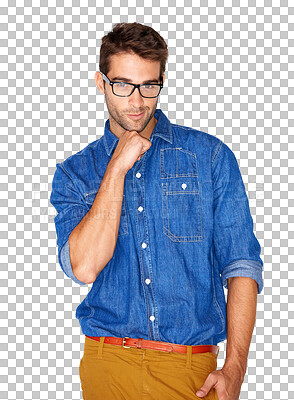 Buy stock photo Isolated man, portrait and glasses for fashion, vision and casual style for confidence by transparent png background. Student guy, lens and frame for eye care, clothes or hipster aesthetic with smile