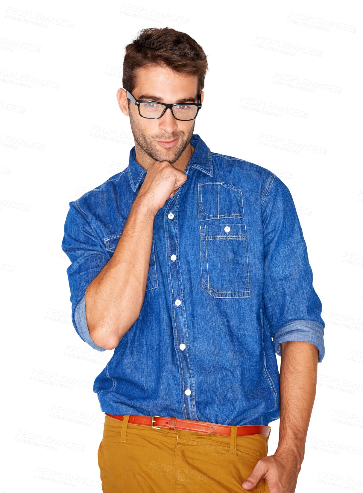 Buy stock photo Isolated man, portrait and glasses for fashion, vision and casual style for confidence by transparent png background. Student guy, lens and frame for eye care, clothes or hipster aesthetic with smile