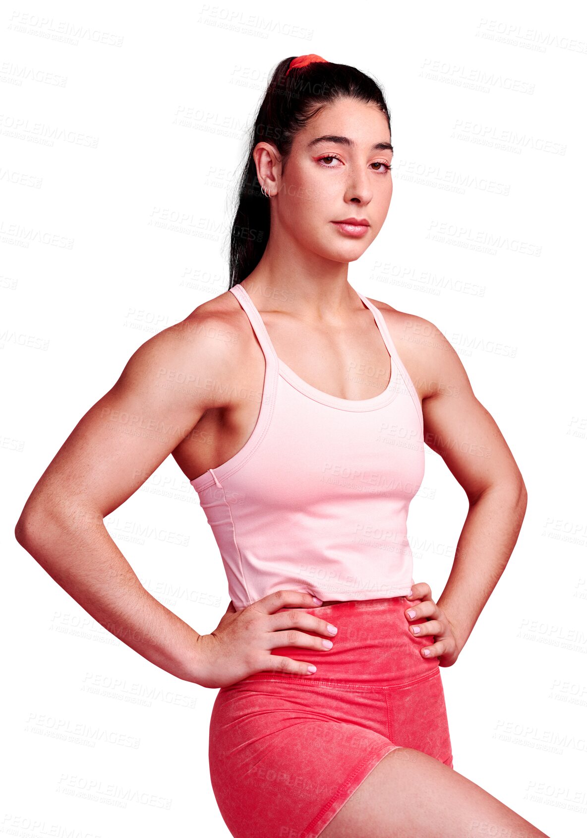 Buy stock photo Fitness, portrait or woman ready for workout or training isolated on transparent png background. Healthy athlete, face or serious sports girl with confidence for bodybuilding exercise or wellness