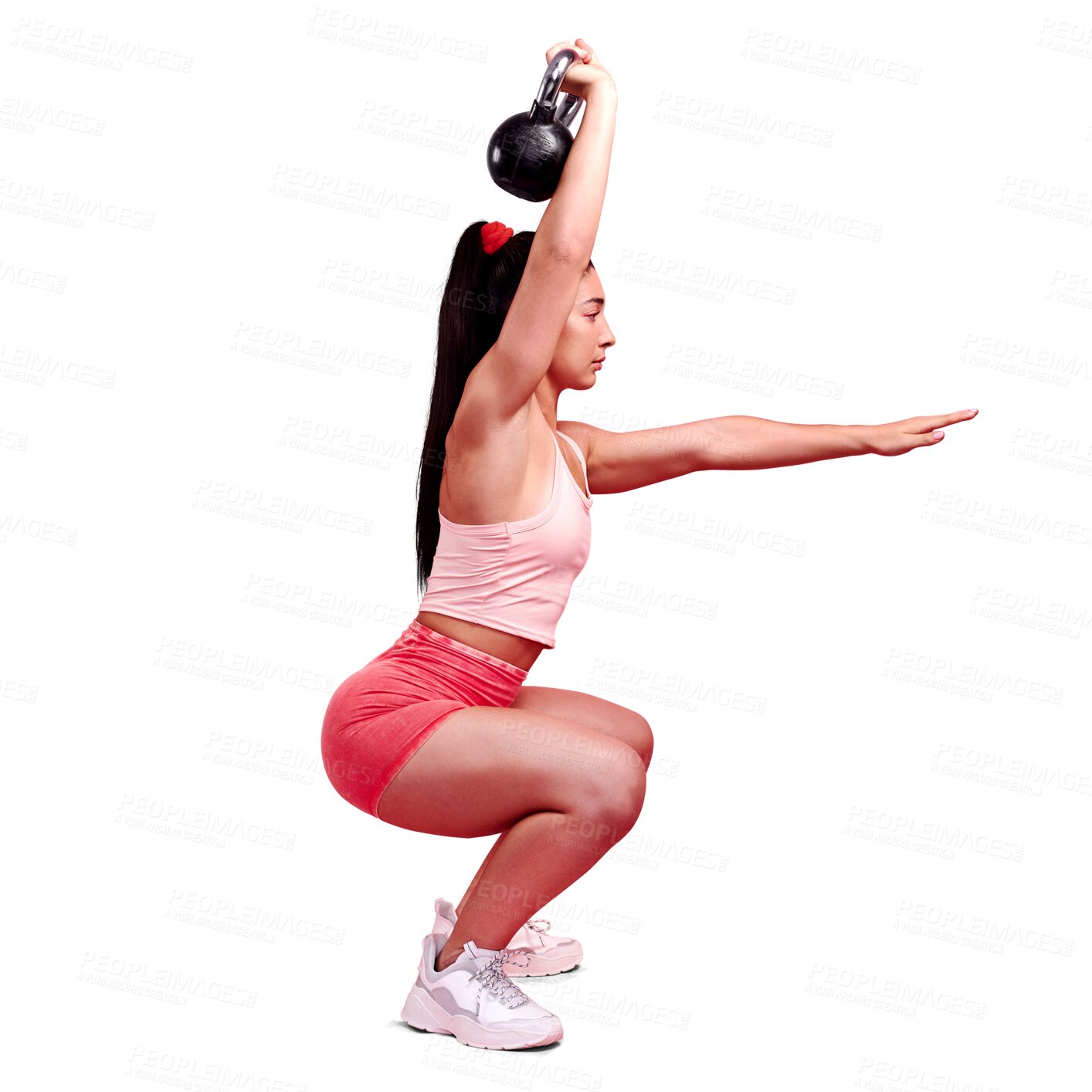 Buy stock photo Fitness, kettlebell squat or girl with balance in workout or exercise isolated on transparent png background. Body builder, healthy or strong woman athlete training with power lifting heavy weights