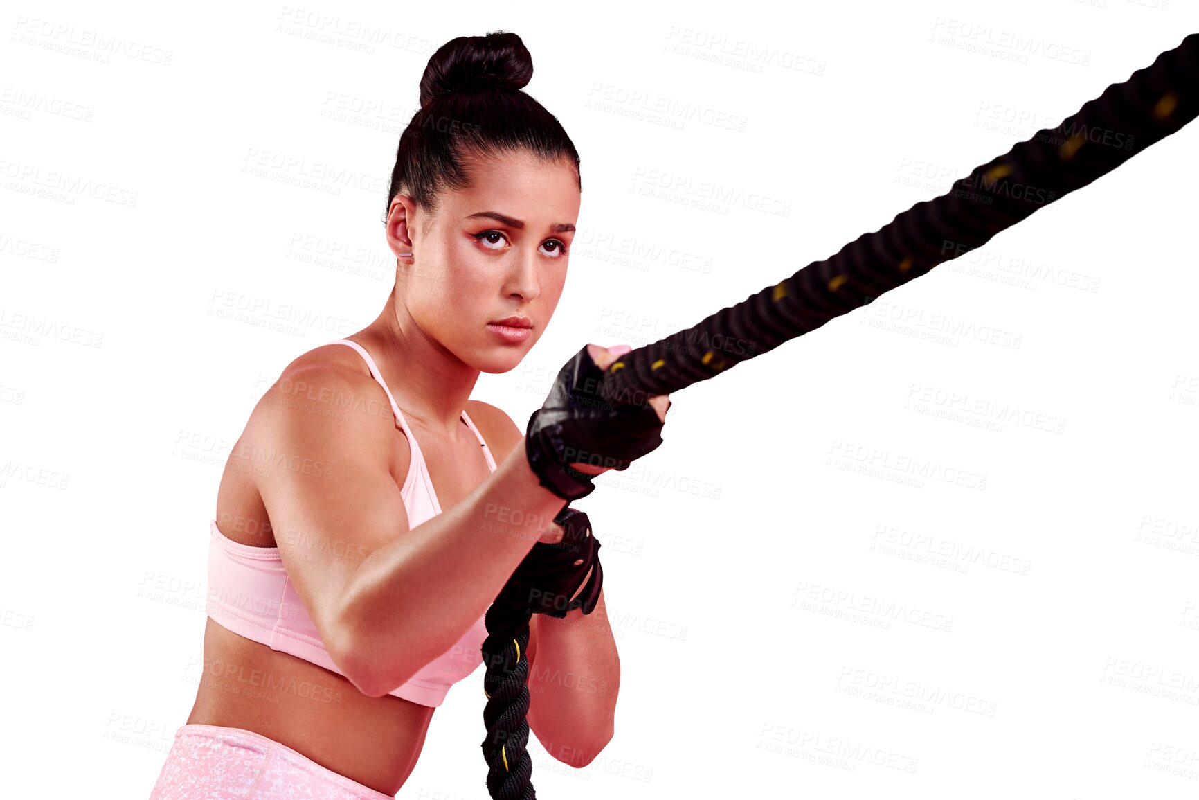 Buy stock photo Woman, fitness or serious on battle rope in sports, exercise or isolated on transparent png background. Strong athlete, power and training with resistance weights in challenge, workout or action