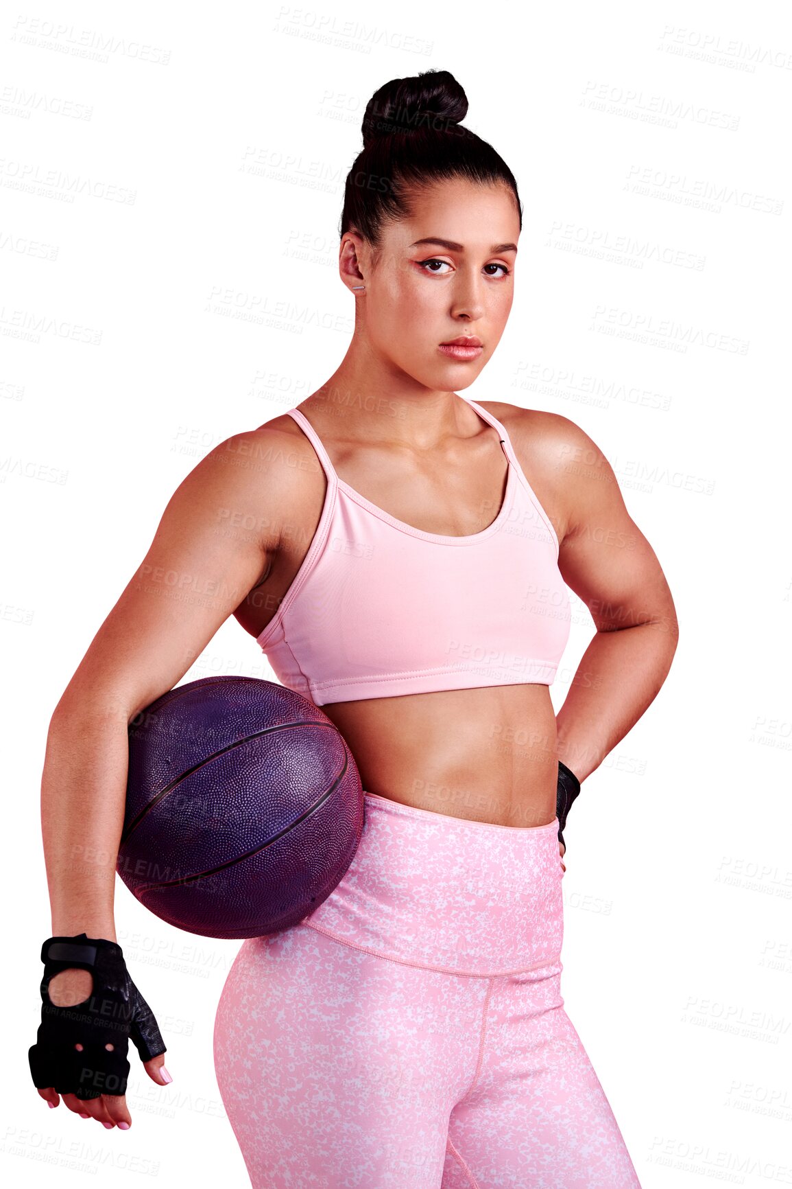 Buy stock photo Fitness, portrait or woman with medicine ball to start workout, training or exercise for body muscle. Ready, strong or healthy girl and serious bodybuilder isolated on a transparent png background