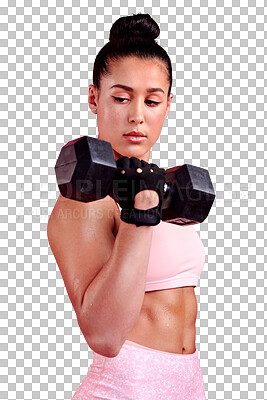 Buy stock photo Isolated woman, dumbbell and healthy for exercise, thinking or strong muscle by transparent png background. Bodybuilder girl, idea or weightlifting in fitness, workout or training with power for body