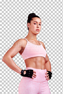 Buy stock photo Fitness, portrait or confident woman body ready to start workout, training or exercise for muscle growth. Serious athlete, strong or healthy girl bodybuilder isolated on a transparent png background