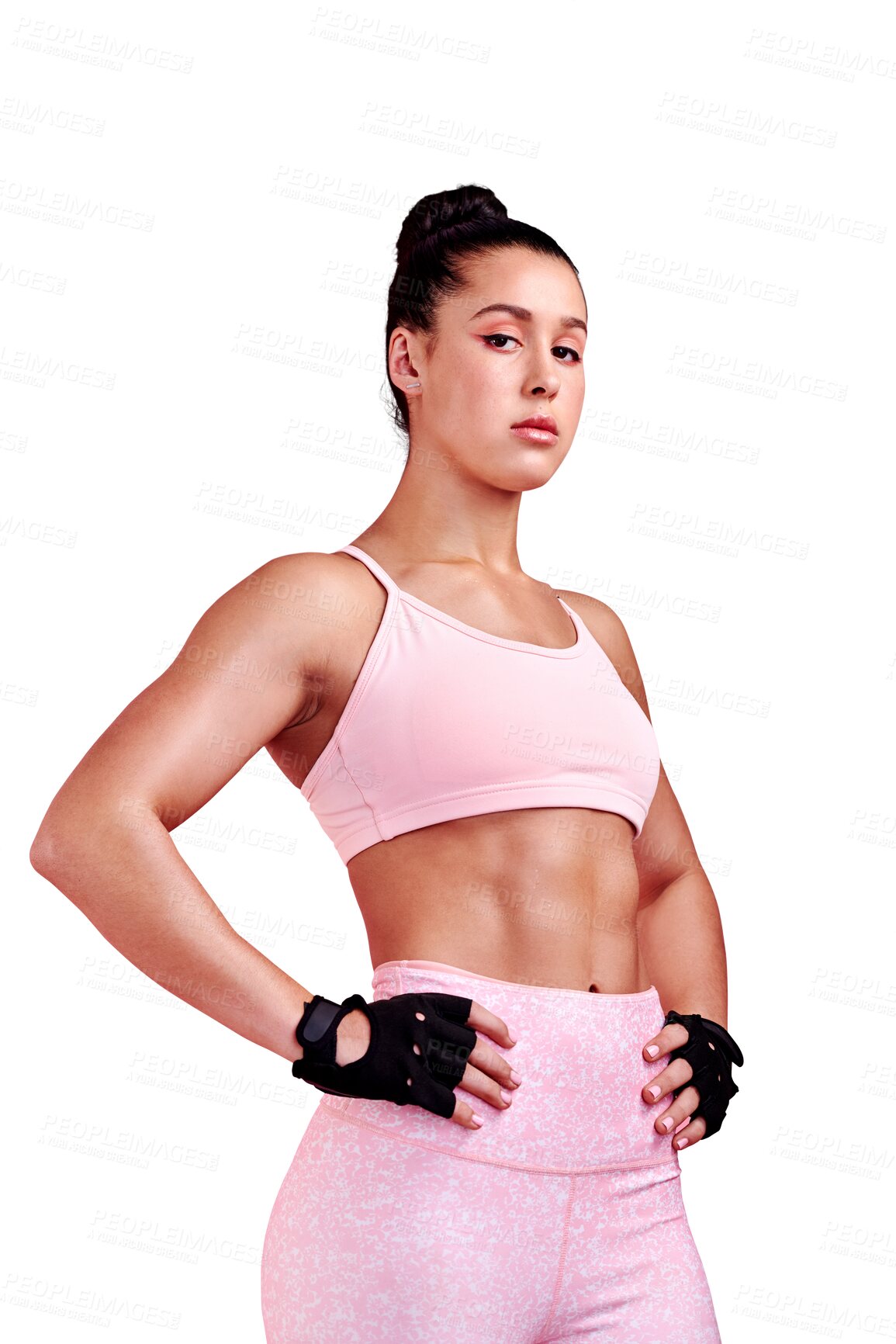 Buy stock photo Fitness, portrait or confident woman body ready to start workout, training or exercise for muscle growth. Serious athlete, strong or healthy girl bodybuilder isolated on a transparent png background