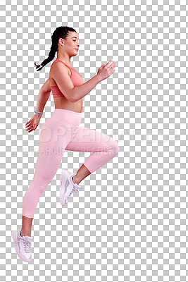 Buy stock photo Sports, energy and running with woman and jump on png for workout, health and cardio challenge. Training, exercise and wellness with person isolated on transparent background for body builder and gym