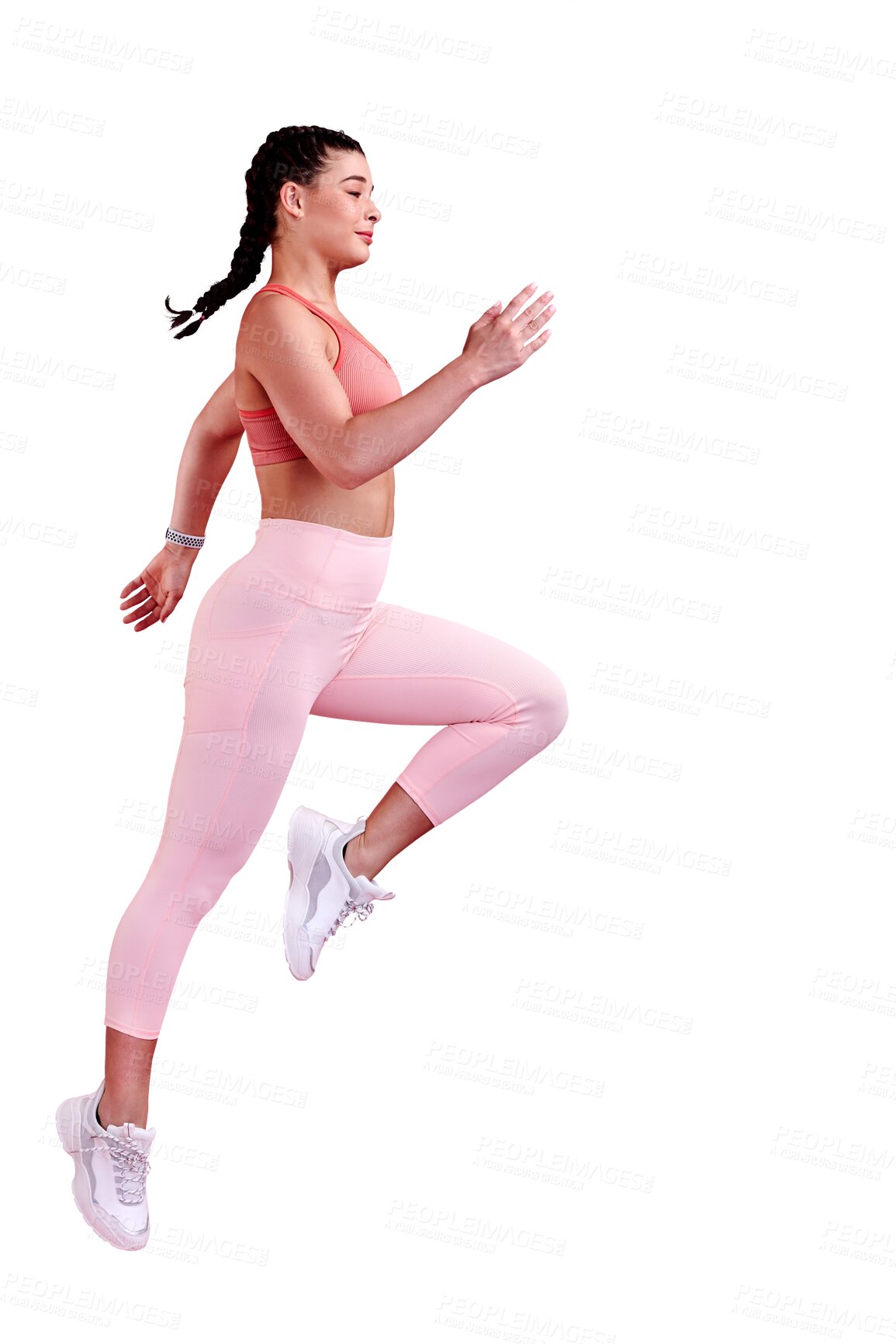 Buy stock photo Sports, energy and running with woman and jump on png for workout, health and cardio challenge. Training, exercise and wellness with person isolated on transparent background for body builder and gym