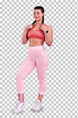 Buy stock photo Isolated woman, fitness portrait and smile with hand holding hair, pride or health by transparent png background. Girl, workout and exercise for wellness, body or muscle with fashion for gym training