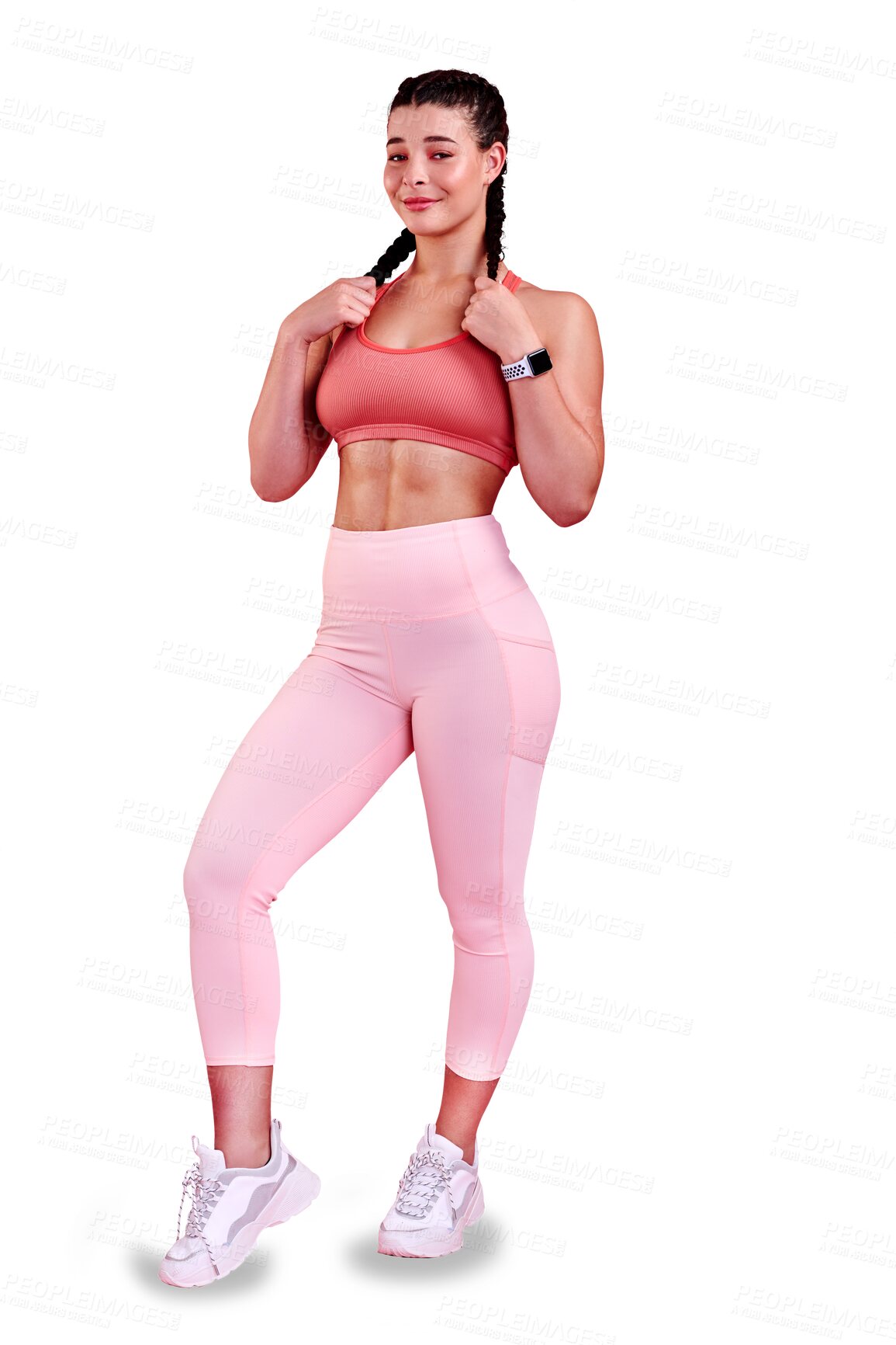 Buy stock photo Isolated woman, fitness portrait and smile with hand holding hair, pride or health by transparent png background. Girl, workout and exercise for wellness, body or muscle with fashion for gym training