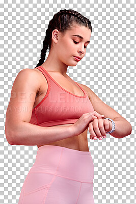 Buy stock photo Smart watch, sports woman and fitness isolated on a transparent png background. Stopwatch, female athlete and check time on exercise gear to monitor healthy training, workout progress and tech clock