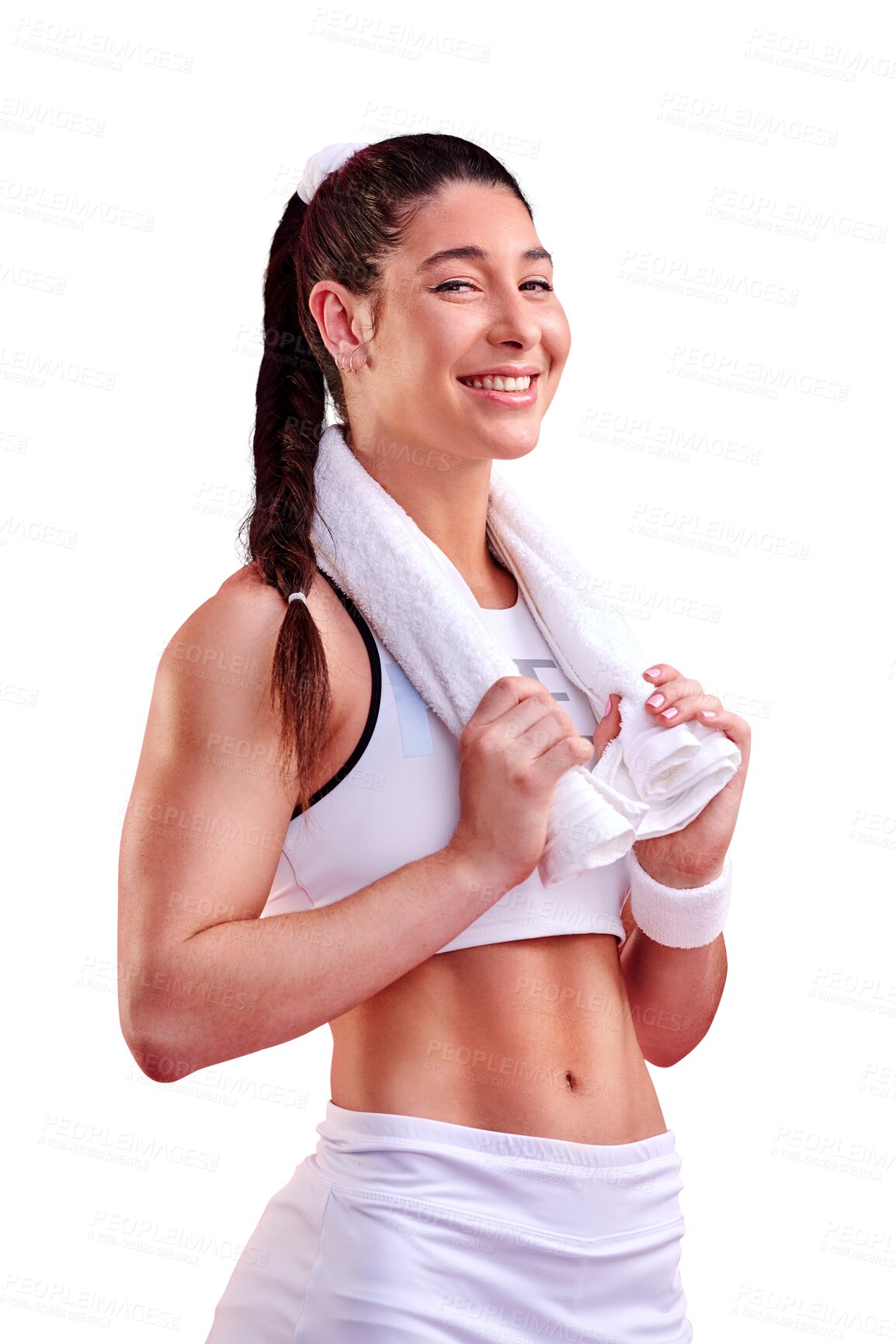 Buy stock photo Happy woman, ready and towel for workout, fitness and exercise on isolated, transparent and png background. Smile, finish and athlete sweat in gym sports for health, wellness or body muscle training