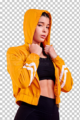 Buy stock photo Portrait, woman and fashion with sports jacket ready for fitness, exercise and isolated on transparent png background. Young female athlete, hoodie and focus with clothes for workout, training or gym