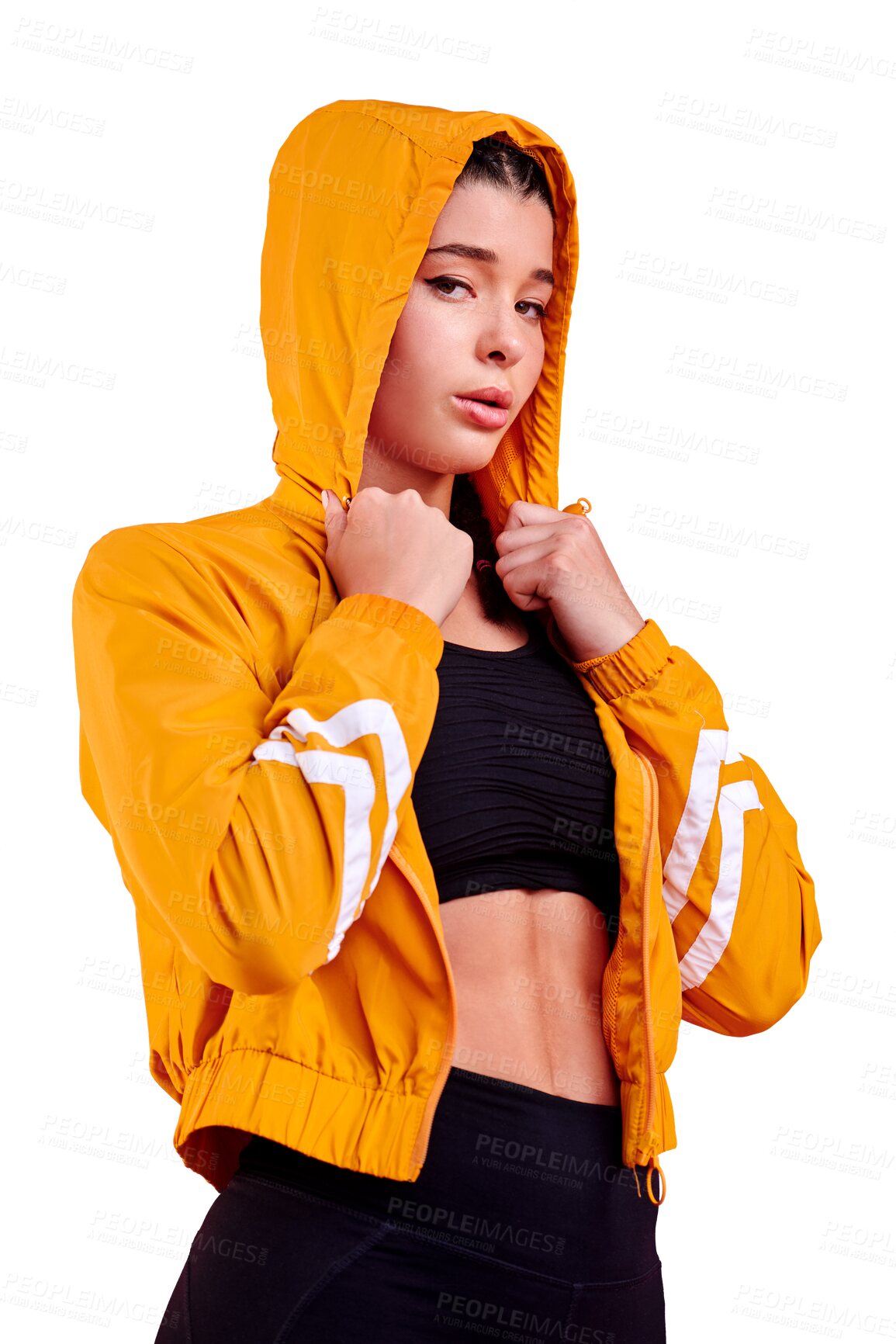 Buy stock photo Portrait, woman and fashion with sports jacket ready for fitness, exercise and isolated on transparent png background. Young female athlete, hoodie and focus with clothes for workout, training or gym