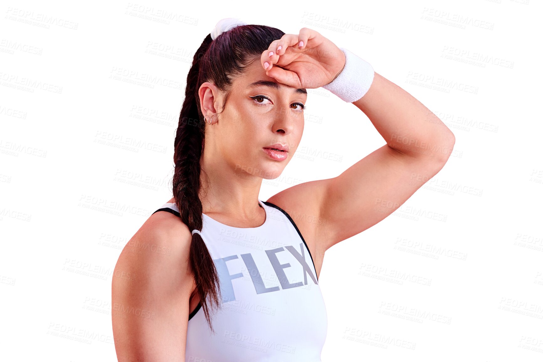 Buy stock photo Fatigue, sweaty or portrait of tired woman on break in fitness training, wellness exercise or workout. Serious face, relax or healthy female sport athlete rest on isolated, transparent png background