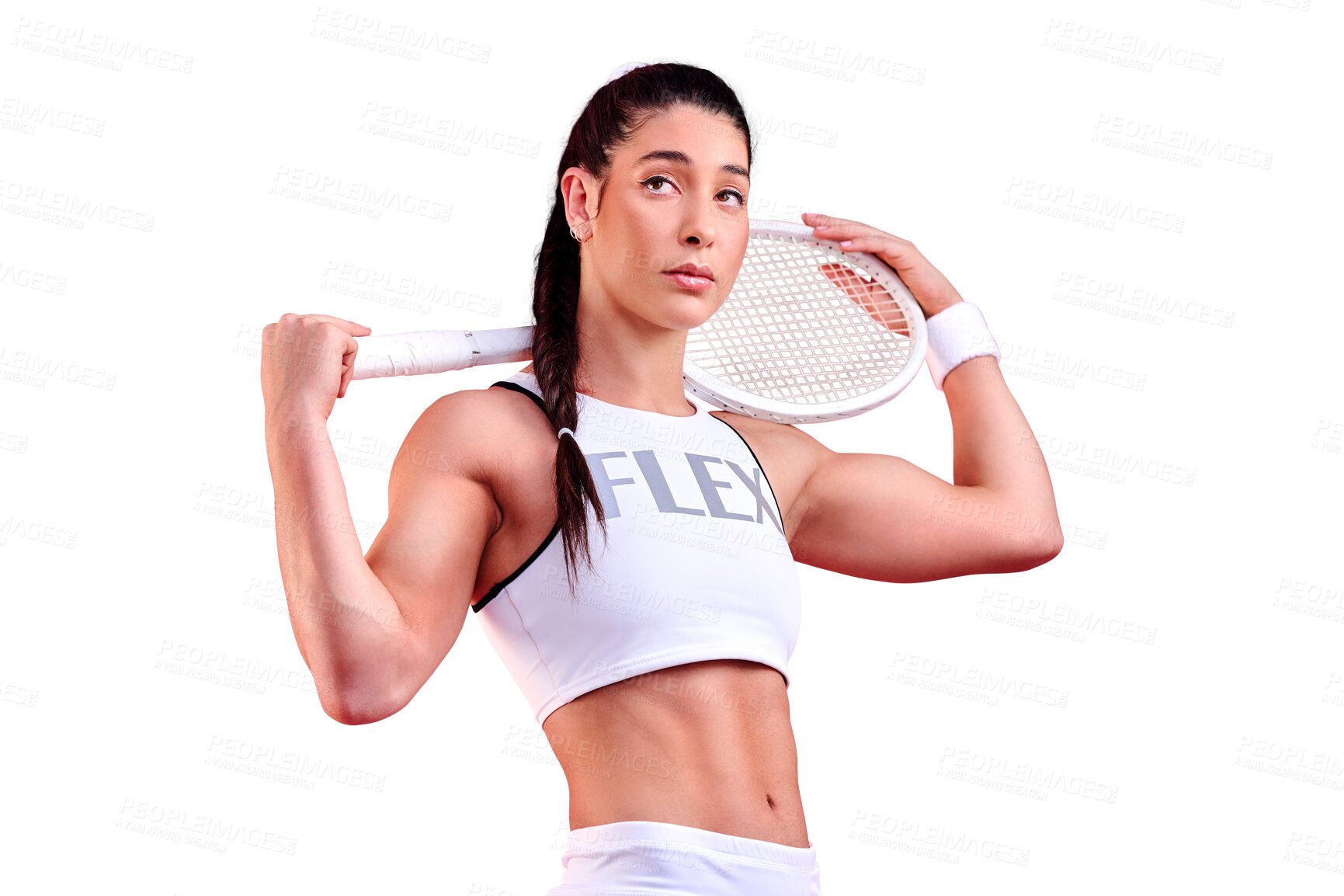 Buy stock photo Vision, fitness and tennis with a sports woman isolated on a transparent background for health or training. Exercise, racket and muscle with a strong female athlete or player on PNG for a workout