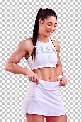 Buy stock photo Fitness, woman and smile in sports fashion isolated on a transparent png background for exercise, wellness and training. Happy female athlete with active style, workout clothes and flex muscle of abs