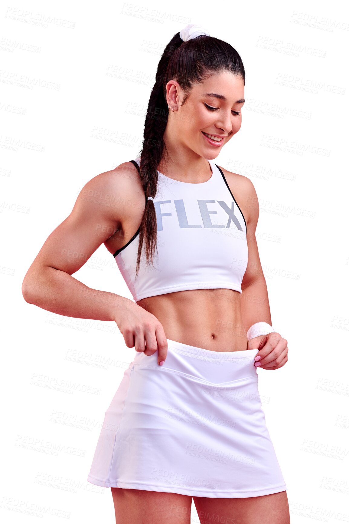 Buy stock photo Fitness, woman and smile in sports fashion isolated on a transparent png background for exercise, wellness and training. Happy female athlete with active style, workout clothes and flex muscle of abs