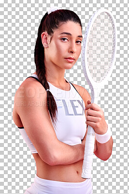 Buy stock photo Isolated tennis woman, portrait and ready for games, training and racket by transparent png background. Young athlete girl, sports and mindset for commitment for fitness, competition and performance