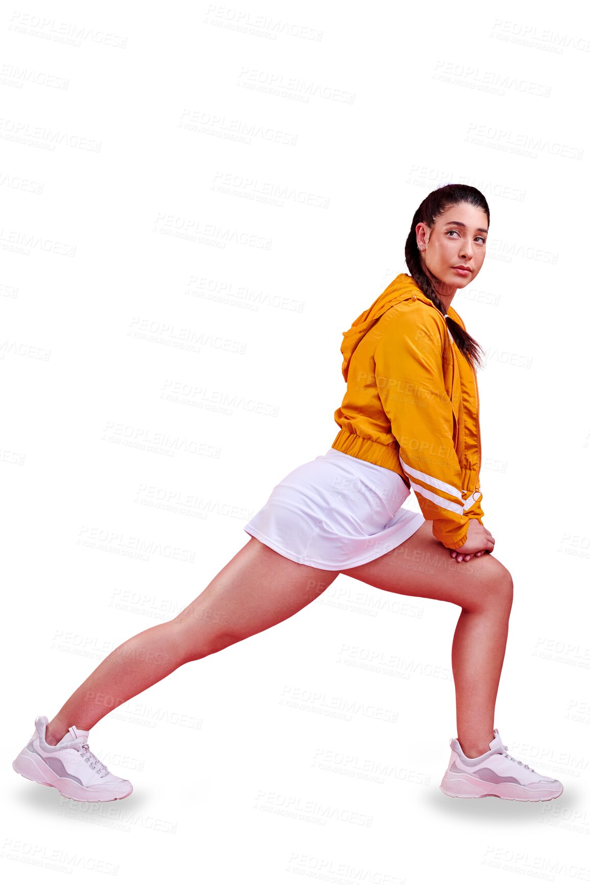 Buy stock photo Sports, stretching and woman thinking of training goals, competition and runner challenge or warm up. Young athlete, person or model in exercise and body health isolated on transparent png background