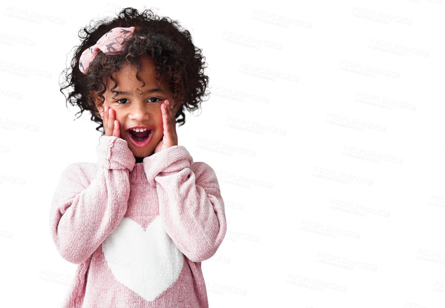 Buy stock photo Portrait, pajamas and girl with surprise, kid and happiness isolated against a transparent background. Face, female child and shock with announcement, gossip and emoji with news, giveaway and png