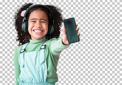 Buy stock photo Excited, phone screen and mockup, girl and headphones, listen to music and ads for app isolated on transparent png background. Happy, smartphone and space for audio streaming marketing with young kid