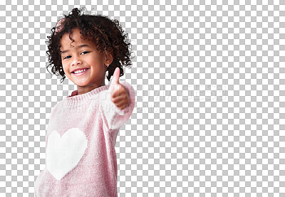 Buy stock photo Smile, portrait and child with thumbs up for success isolated on a transparent png background. Face, happy and girl with like hand for winner emoji, agreement or yes sign to thank you for excellence