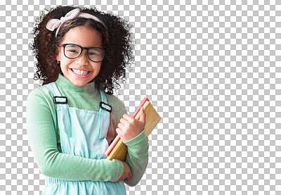 Buy stock photo Portrait, child and happy student with books for education, study or learning isolated on a transparent png background. Face, glasses and school girl, nerd or geek with notebook for reading knowledge