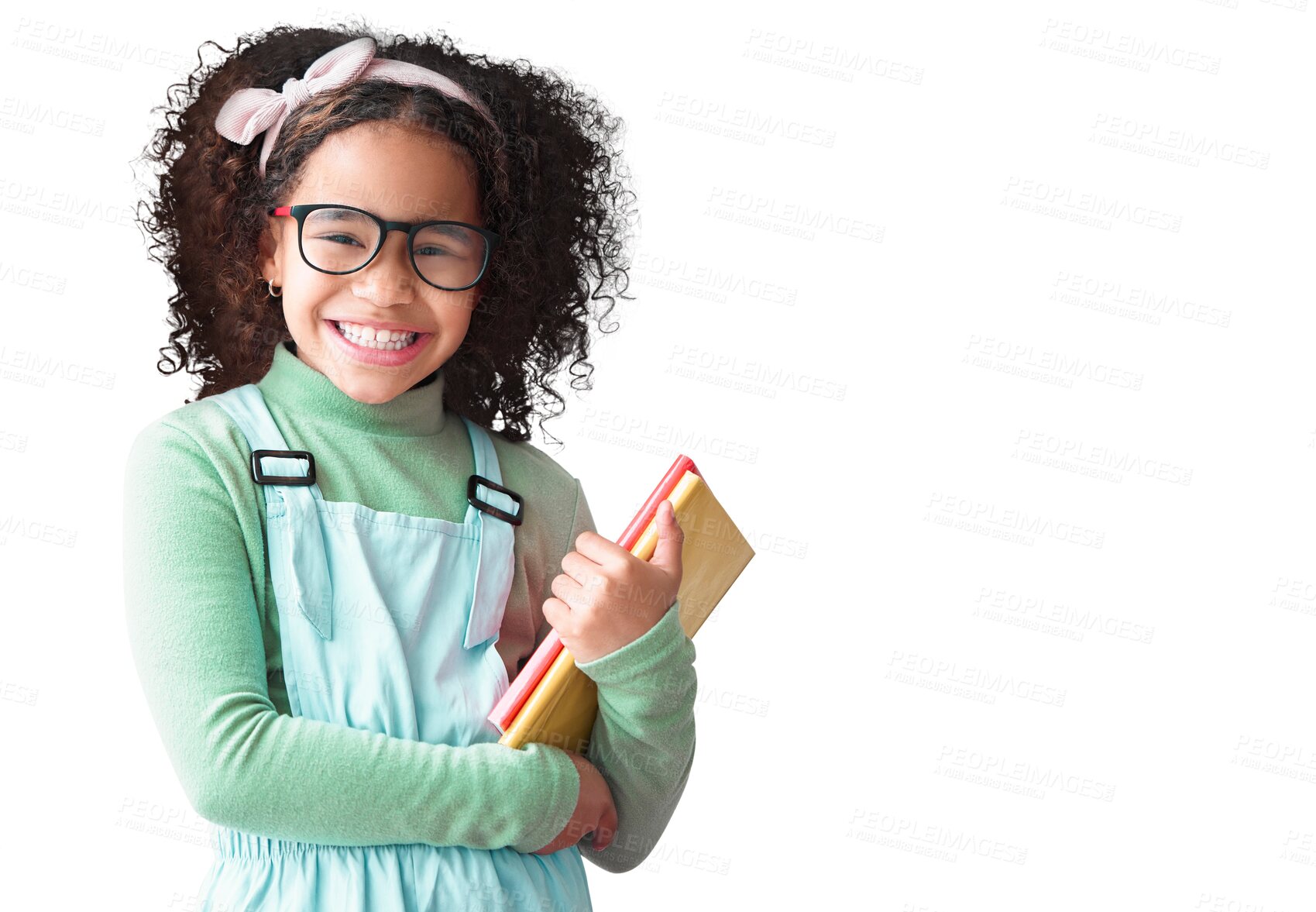 Buy stock photo Portrait, child and happy student with books for education, study or learning isolated on a transparent png background. Face, glasses and school girl, nerd or geek with notebook for reading knowledge