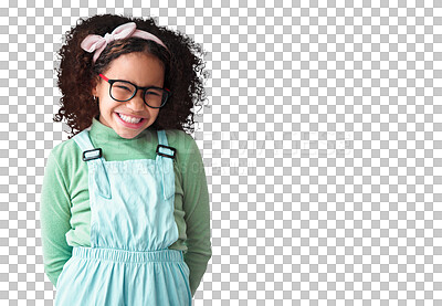 Buy stock photo Portrait, smile and girl with glasses, kid and cute outfit isolated against a transparent background. Face, happy female child and African model with happiness, student and clear eyesight with png