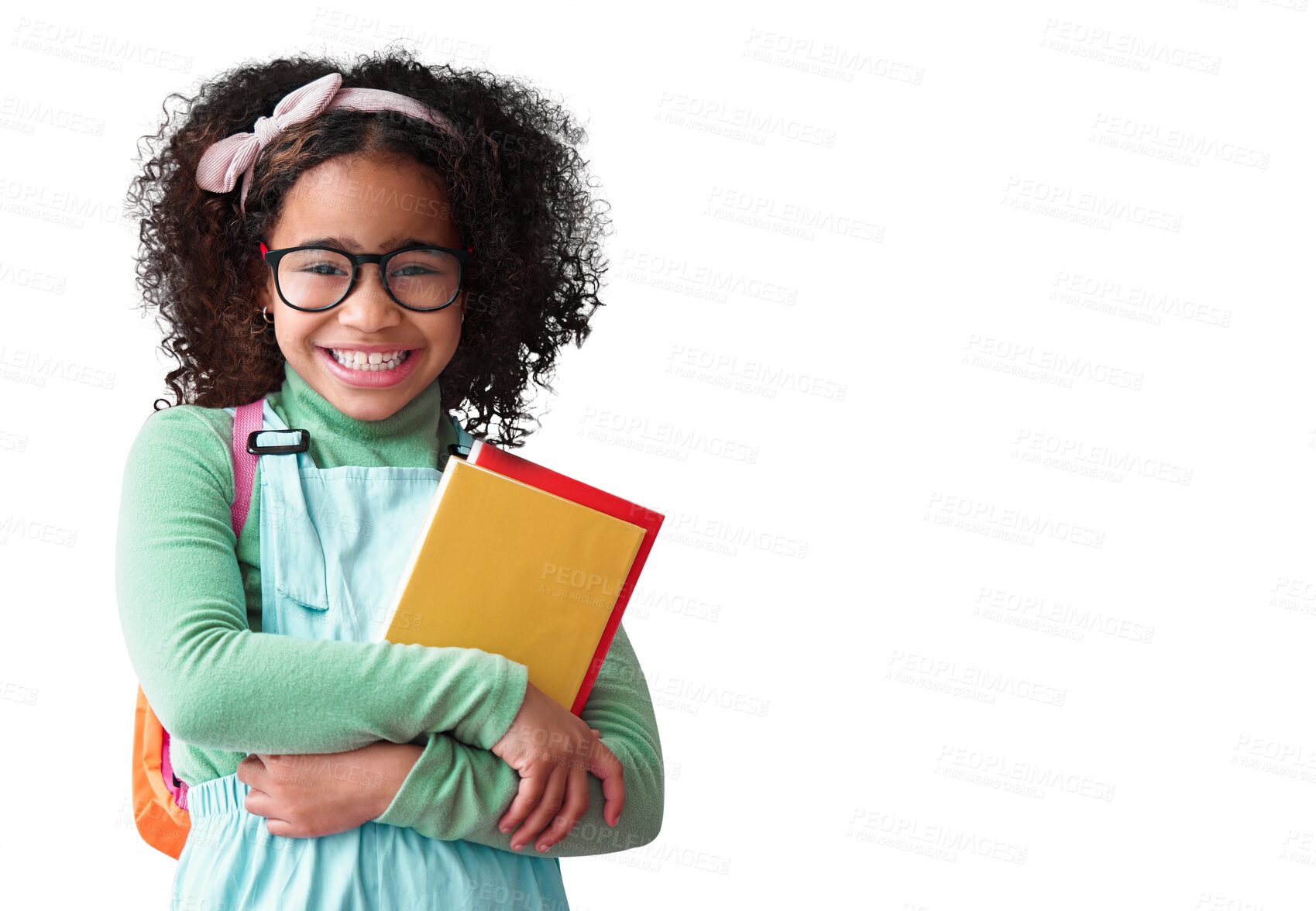 Buy stock photo Isolated girl child, school books and portrait with smile, glasses or nerd by transparent png background. Happy student kid, notebook or excited for education, learning or development with backpack